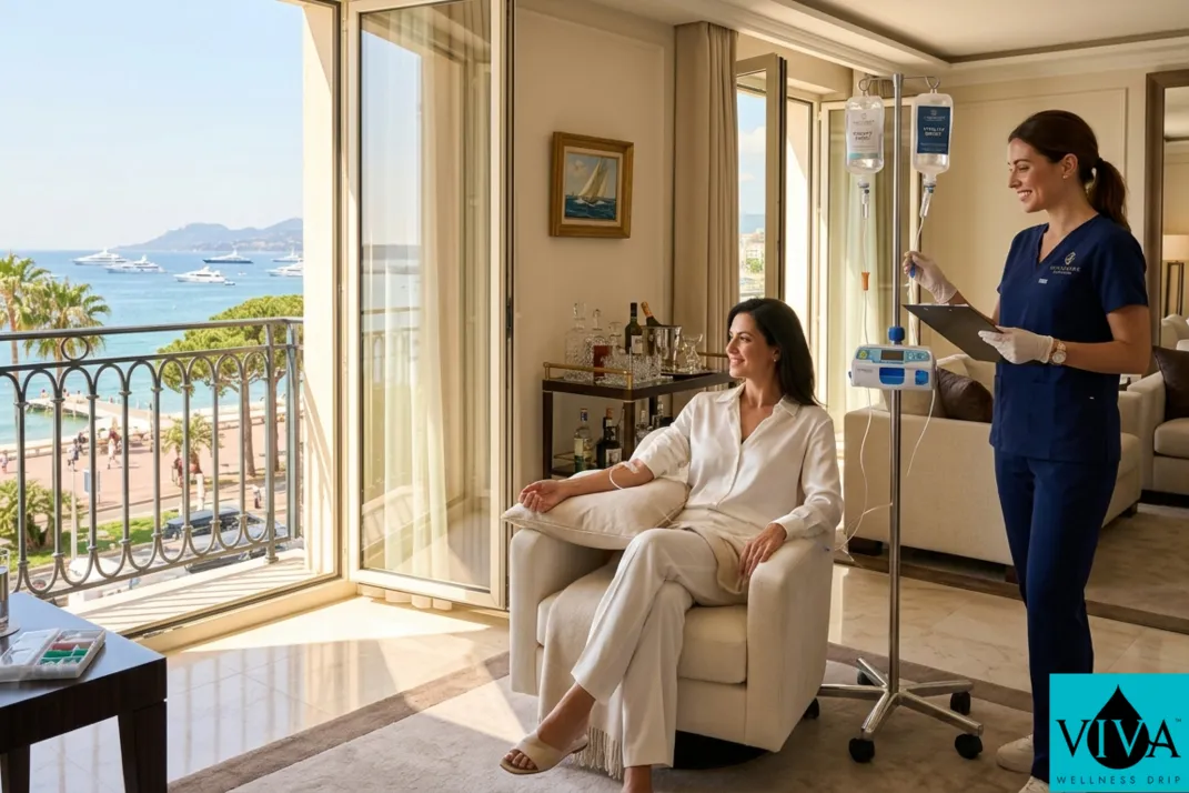 Concierge IV drip therapy session set up in a Cannes hotel suite with Croisette views and warm Mediterranean morning light