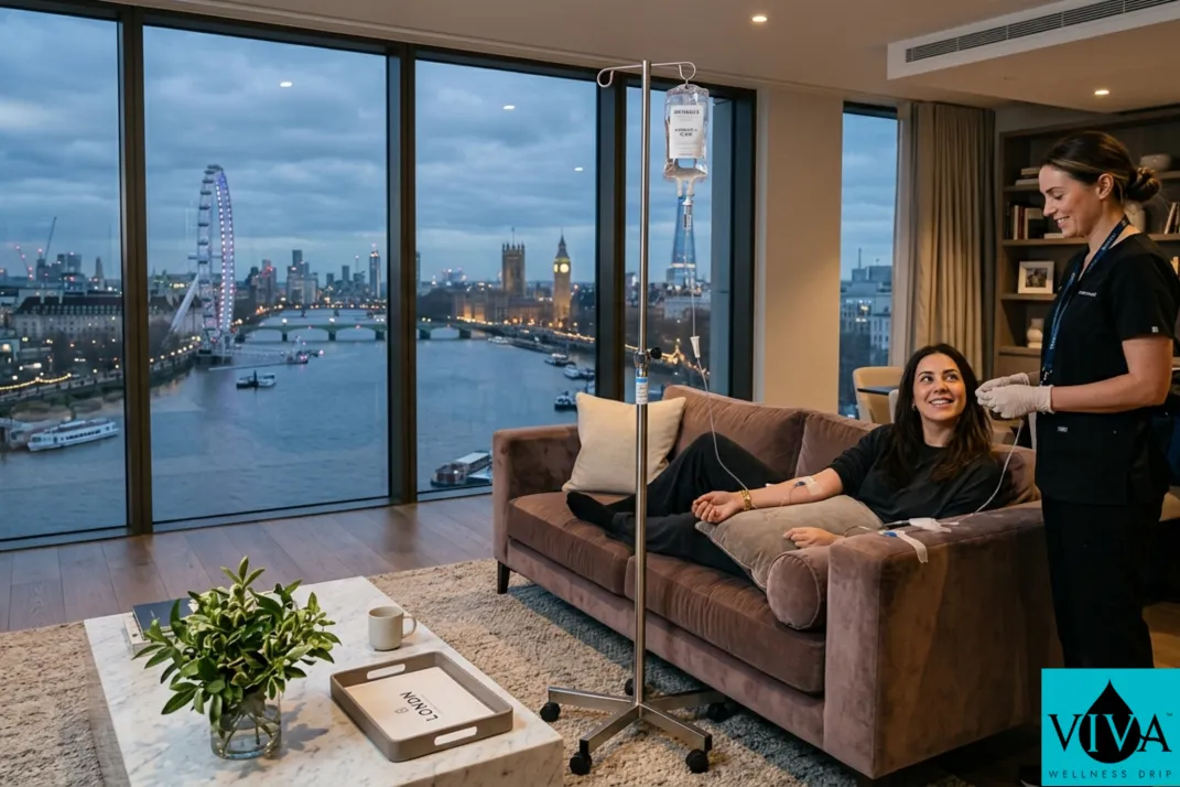Concierge IV drip therapy session set up in a contemporary London apartment with city skyline and Thames views through floor-to-ceiling windows