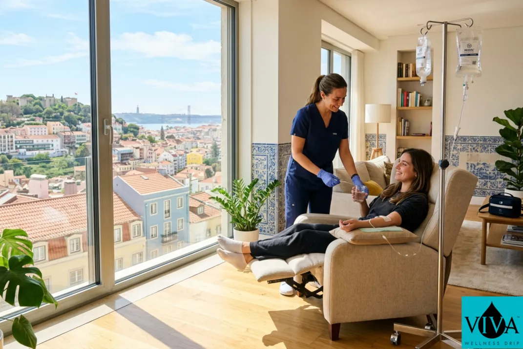Mobile IV drip therapy session set up in a bright Lisbon apartment with natural light and city views