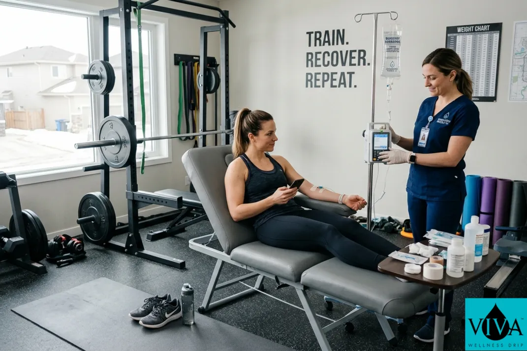 Mobile IV drip therapy session set up in a home gym or recovery space in Edmonton, athletic equipment visible in the background