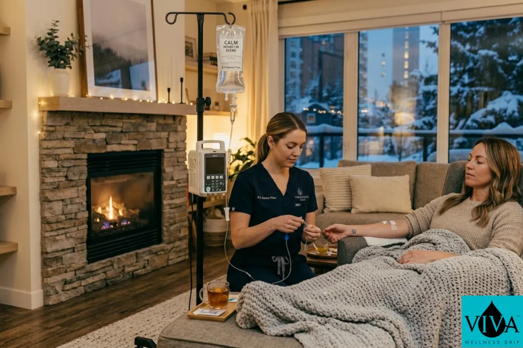 IV hydration therapy being administered in a cosy Edmonton home, warm interior, person resting with IV line in forearm