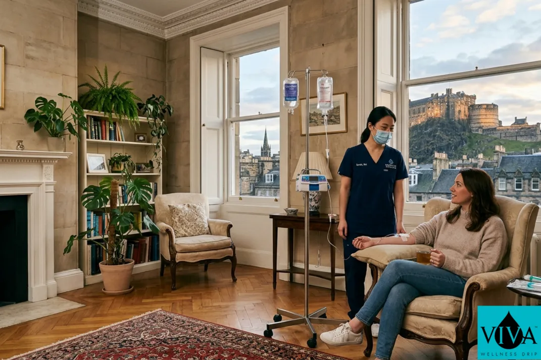 Mobile IV drip therapy session set up in a Georgian Edinburgh New Town apartment with stone architecture and castle views visible through the window