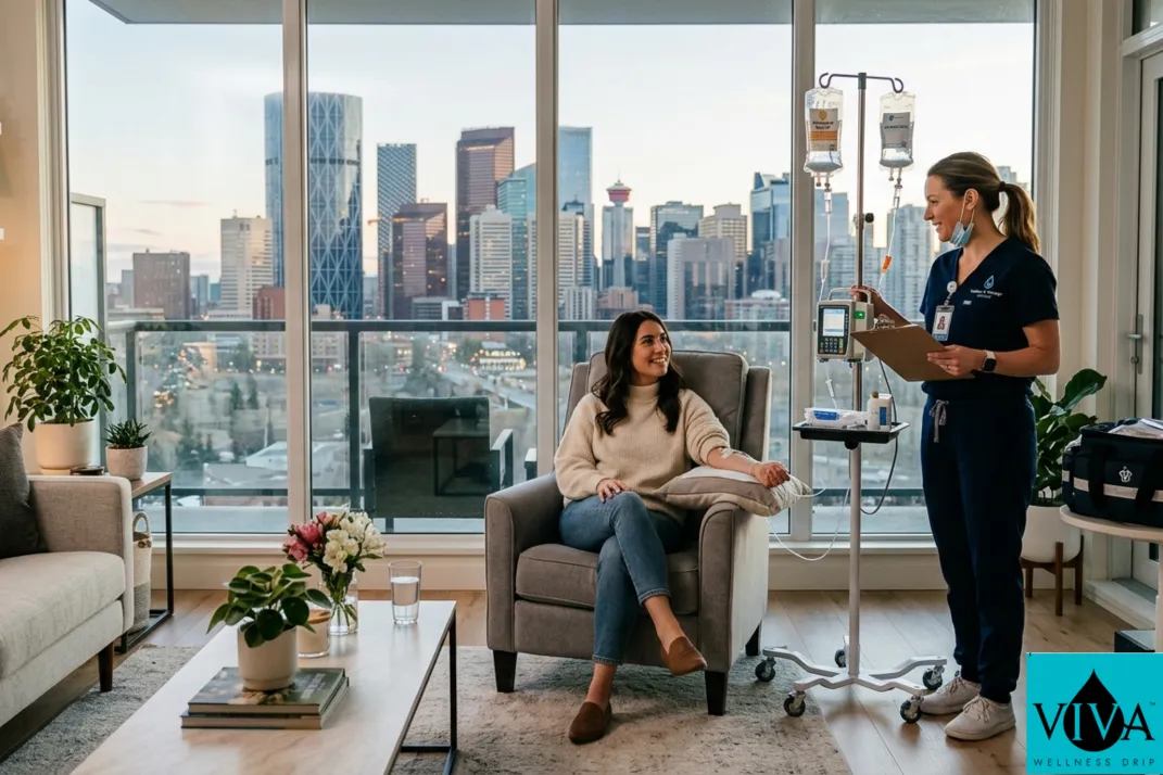 Mobile IV drip therapy session set up in a bright Calgary home living room with city skyline in the background