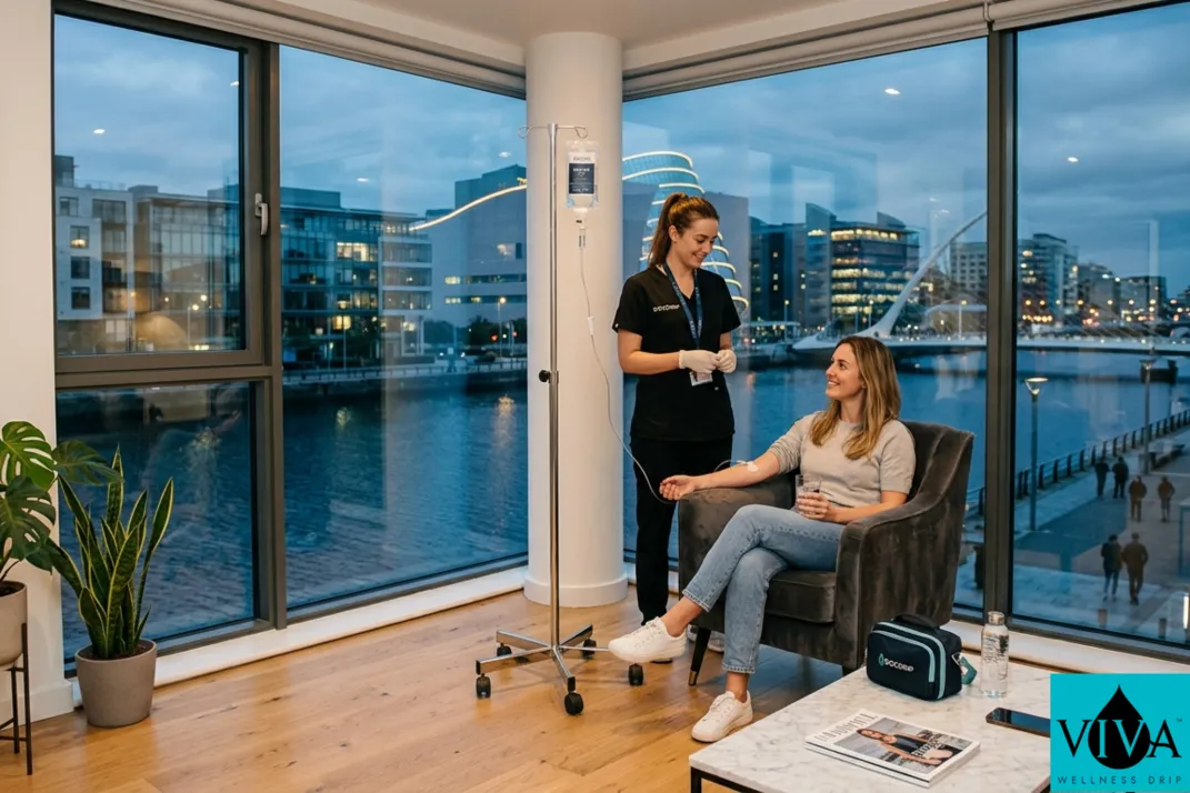 Mobile IV drip therapy session set up in a modern Dublin Docklands apartment with views of the Grand Canal and the city's contemporary architecture