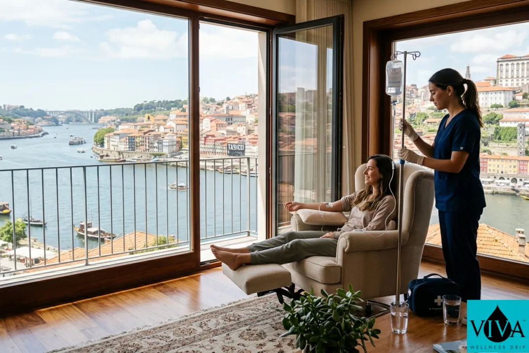 Mobile IV drip therapy session set up in a Porto apartment overlooking the Douro River and Gaia wine lodges
