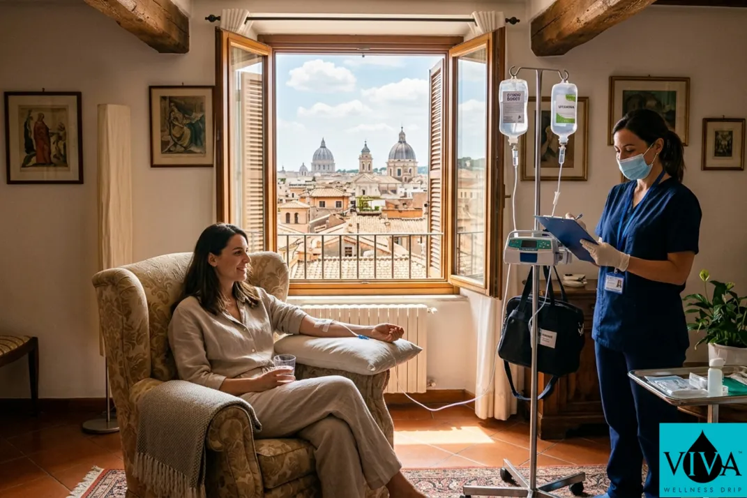 Mobile IV drip therapy session set up in a classic Rome apartment with terracotta rooftops visible through an open window