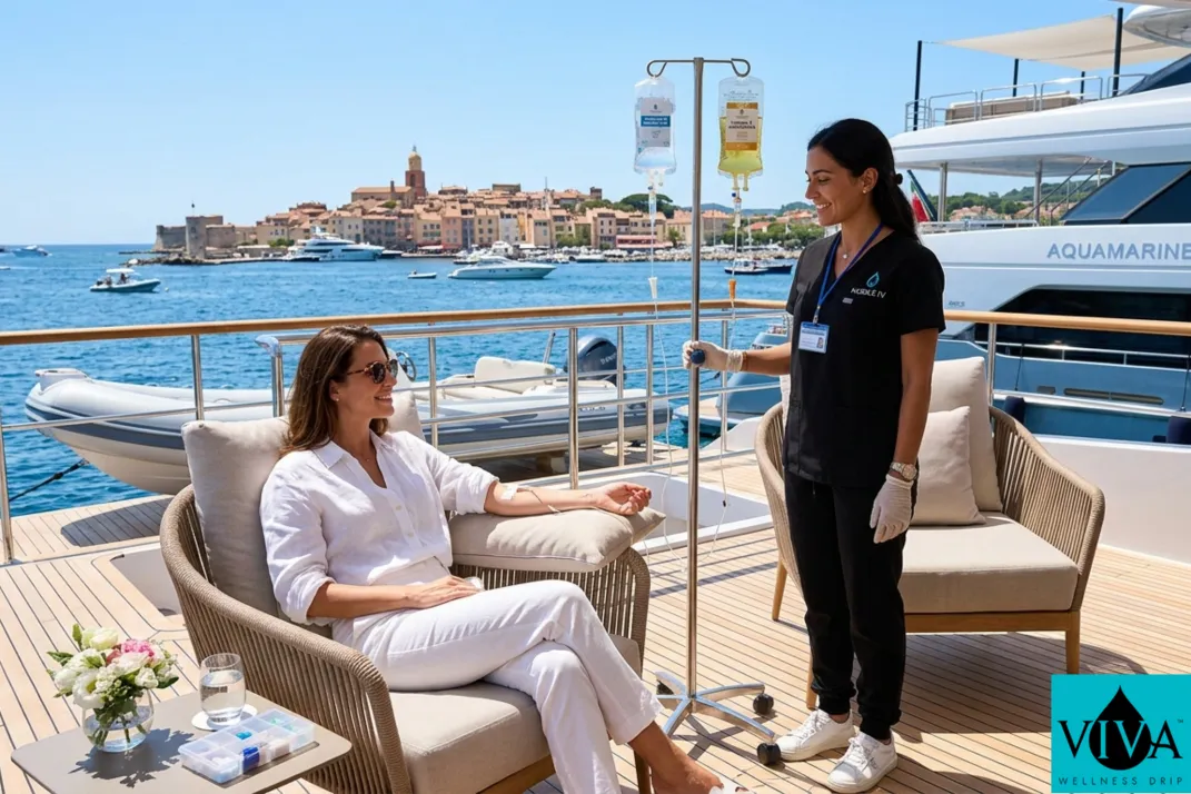 Mobile IV drip therapy session set up on the deck of a superyacht anchored in the Gulf of Saint-Tropez with the village visible in the background
