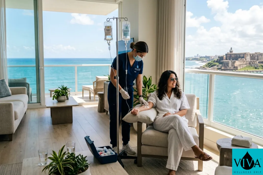 Mobile IV drip therapy session set up in a bright San Juan hotel suite with views of the Atlantic Ocean and El Morro in the distance