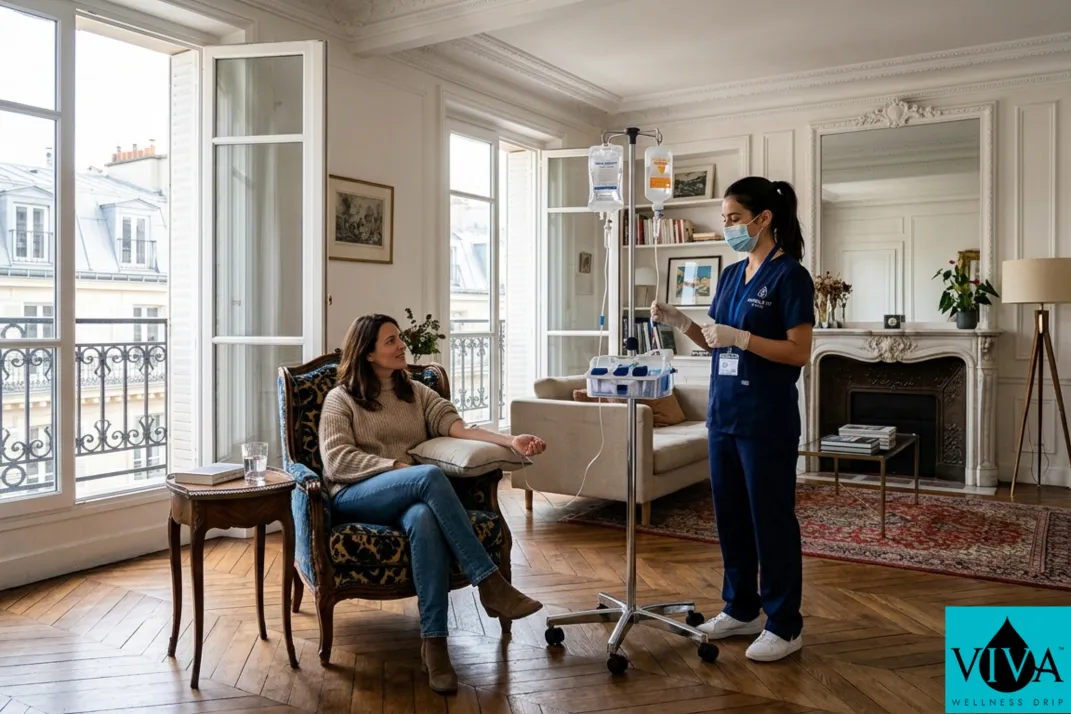 Mobile IV drip therapy session set up in a classic Haussmann apartment in Paris with tall windows and parquet flooring
