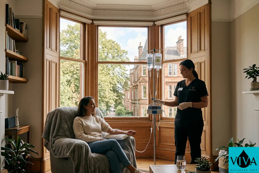 Mobile IV drip therapy session set up in a Glasgow West End flat with Victorian tenement architecture and mature trees visible through the window