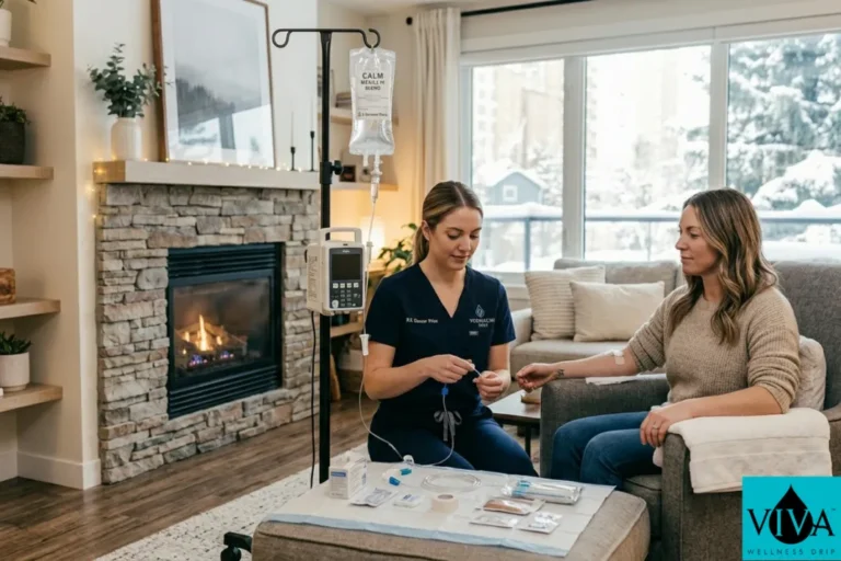 Mobile IV drip therapy preparation in an Edmonton home, medical professional setting up equipment in a calm, well-lit living room
