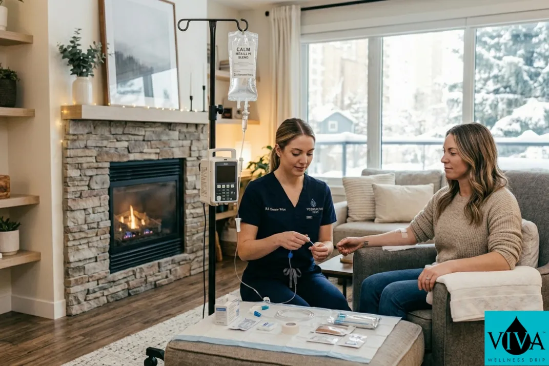 Mobile IV drip therapy preparation in an Edmonton home, medical professional setting up equipment in a calm, well-lit living room