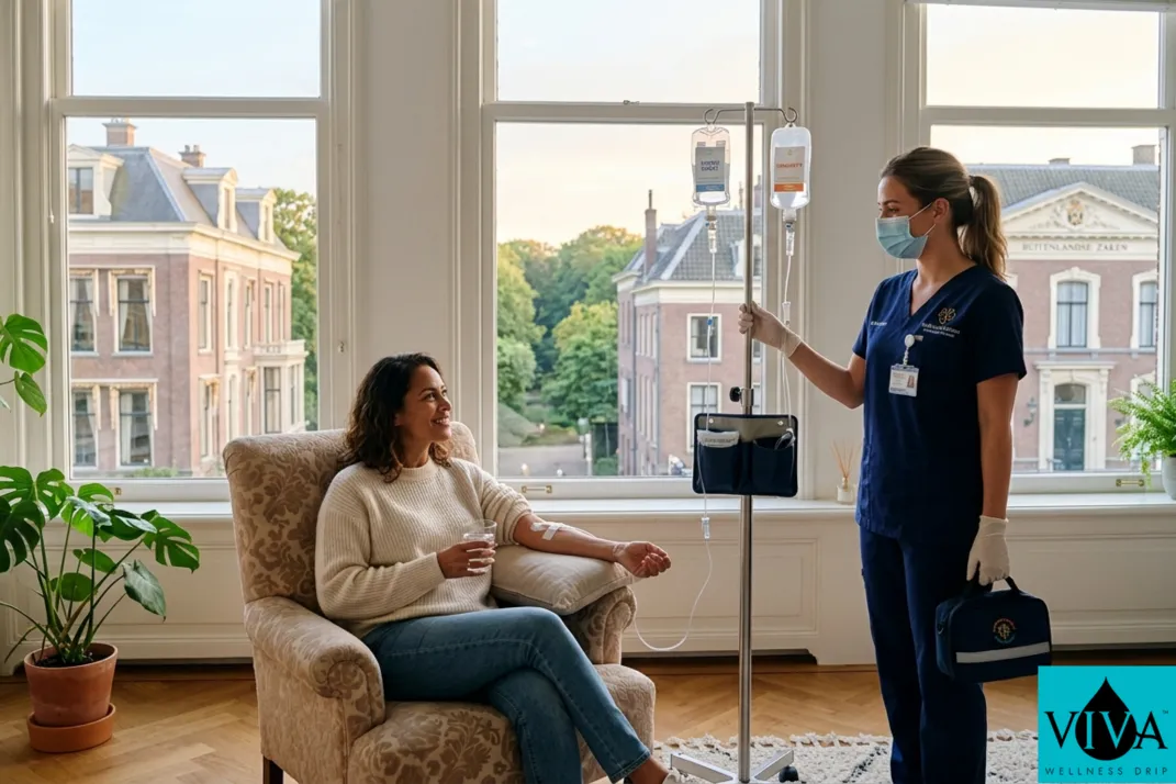 Mobile IV drip therapy session set up in a light-filled The Hague apartment near the Haagse Bos with diplomatic district architecture visible outside