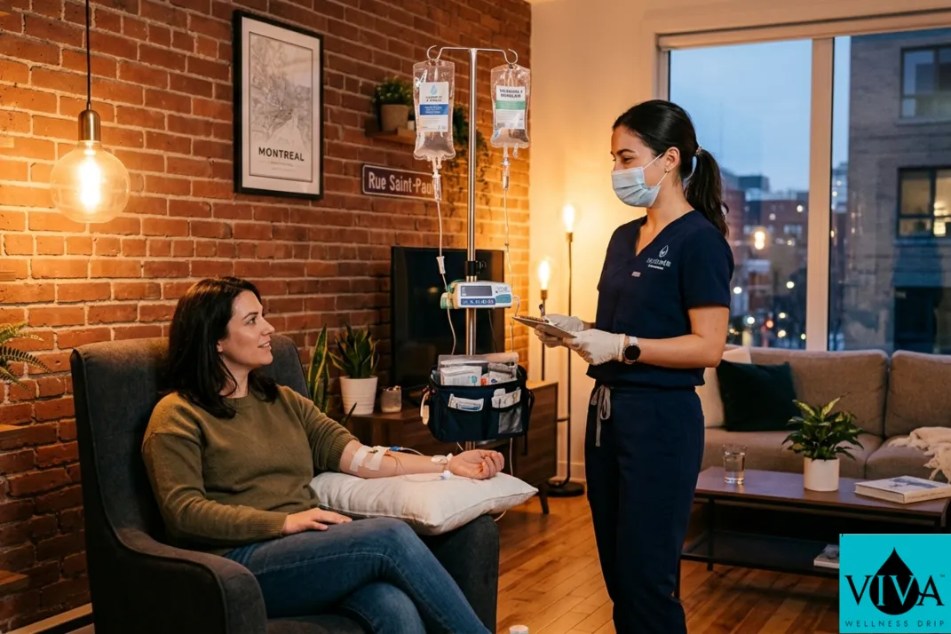 Mobile IV drip therapy session in a modern Montreal apartment with exposed brick and warm interior lighting