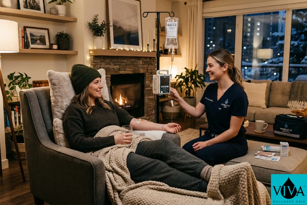 Mobile IV drip therapy being administered in a comfortable Edmonton home setting, warm lighting, person resting in an armchair