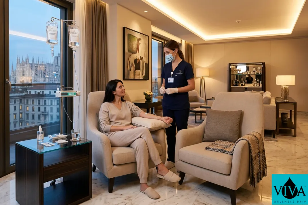 Concierge IV drip therapy session set up in a sleek Milan hotel suite with contemporary Italian interior design