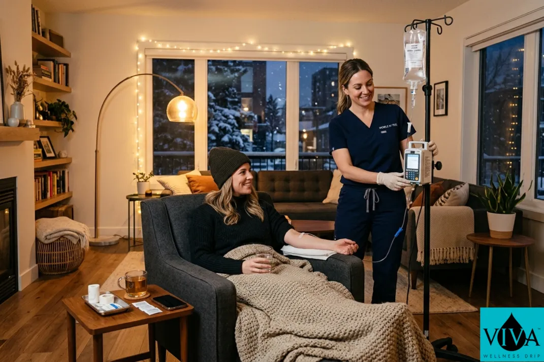 Mobile IV drip therapy session set up in a modern Edmonton home during a winter evening, warm interior lighting