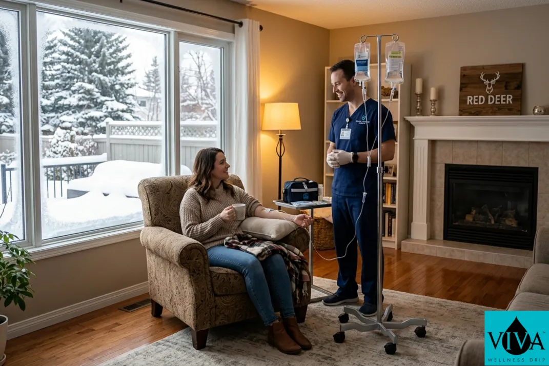 Mobile IV drip therapy session set up in a comfortable Red Deer home with Alberta winter light through the windows