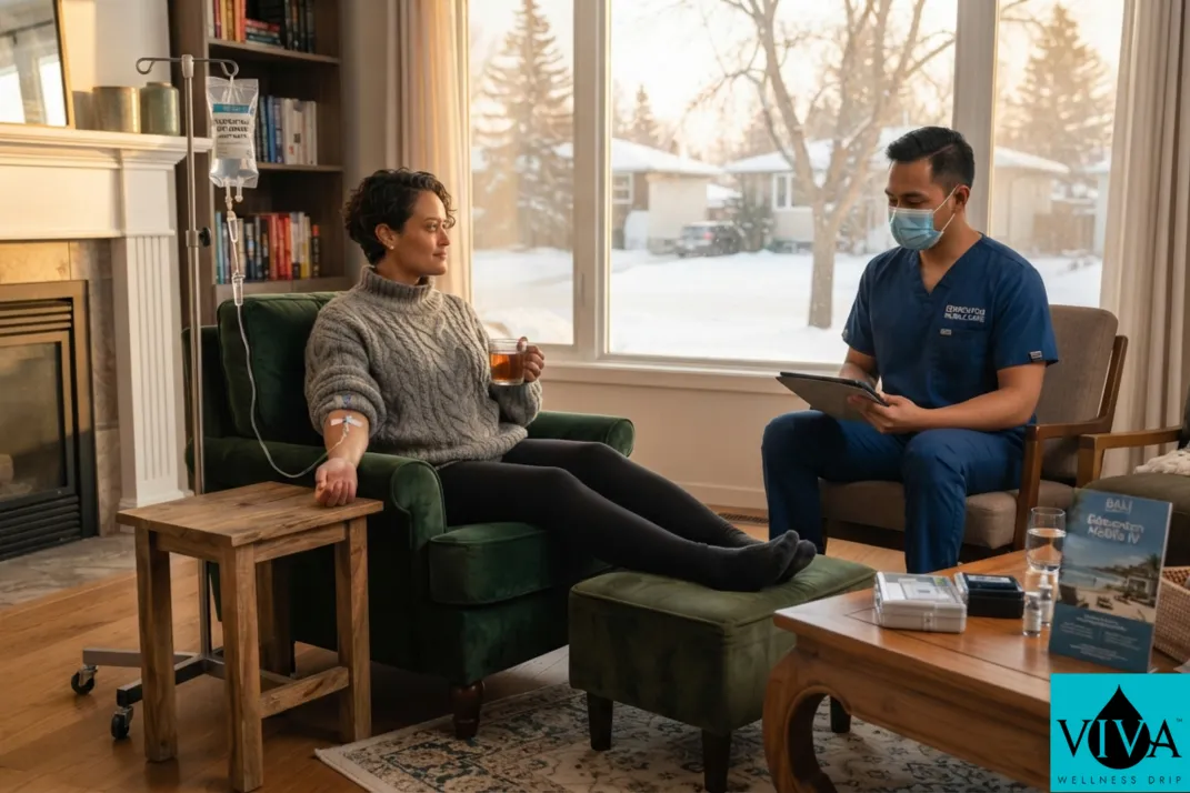 A mobile IV drip therapy session set up in a home living room during an Edmonton winter afternoon