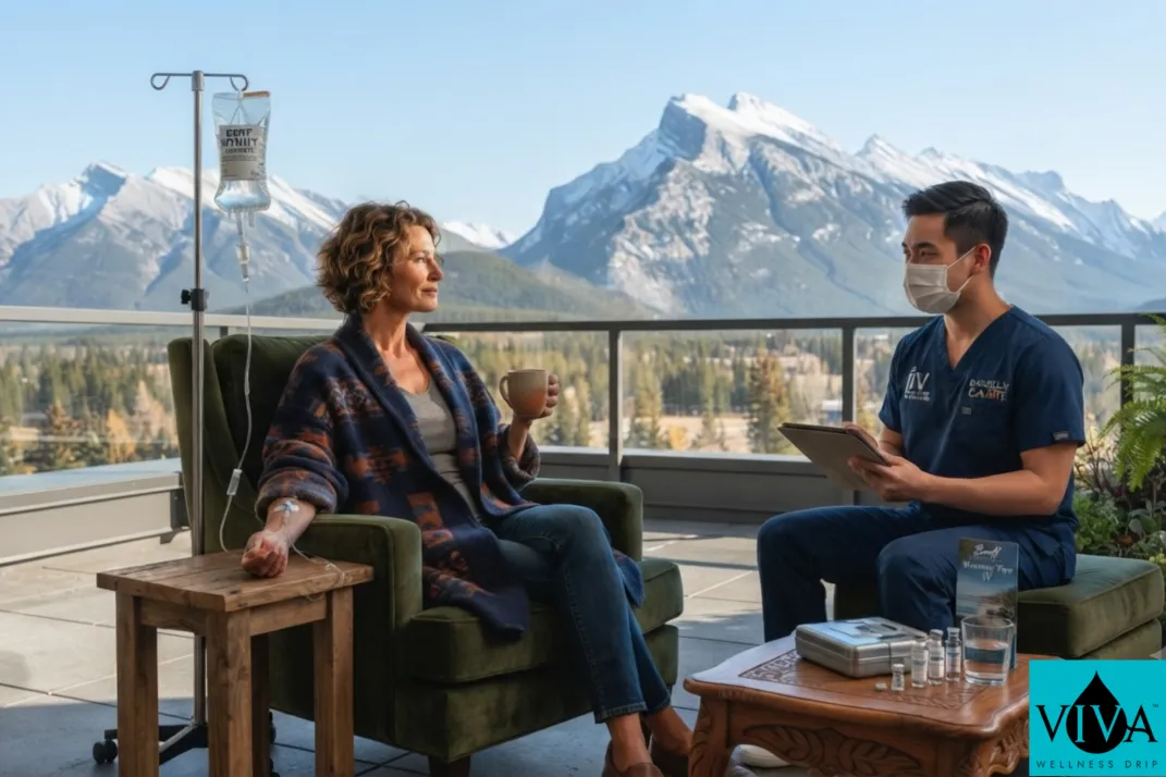 A mobile IV drip therapy session set up in a Banff hotel room with a view of Mount Rundle