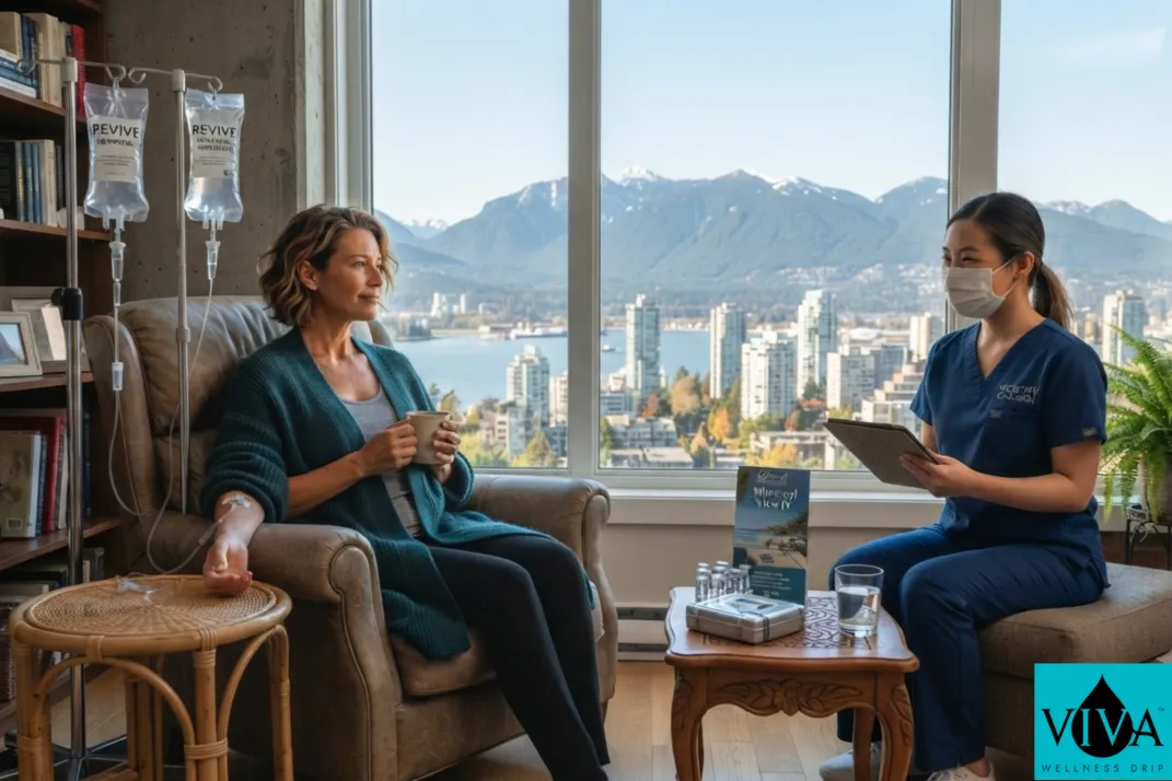 An at-home IV drip therapy session set up in a Vancouver apartment with a view of the North Shore mountains