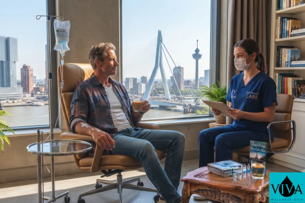 An at-home IV hydration session set up in a modern Rotterdam apartment overlooking the Erasmusbrug