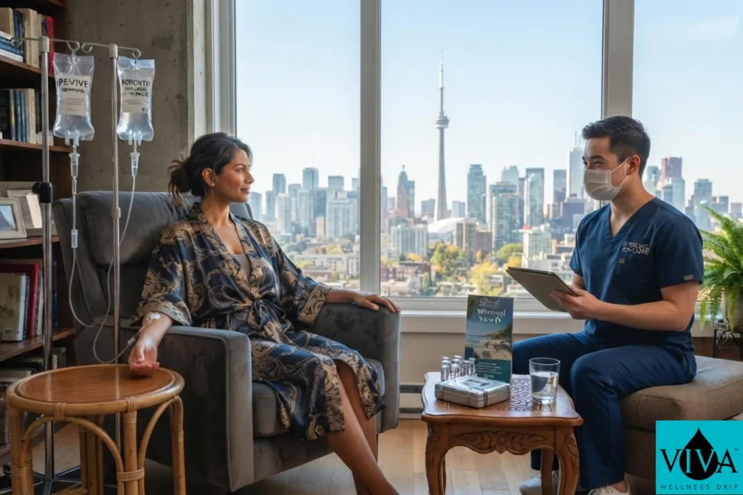 An at-home IV wellness infusion set up in a downtown Toronto condo overlooking the skyline