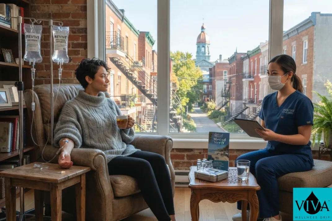 A mobile IV drip therapy session set up in a Montreal apartment overlooking the Plateau-Mont-Royal