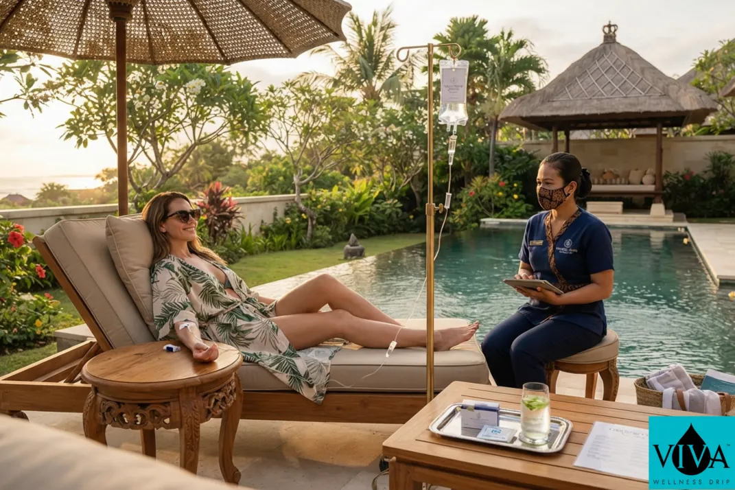 A concierge IV drip therapy session set up beside a private villa pool in Seminyak, Bali