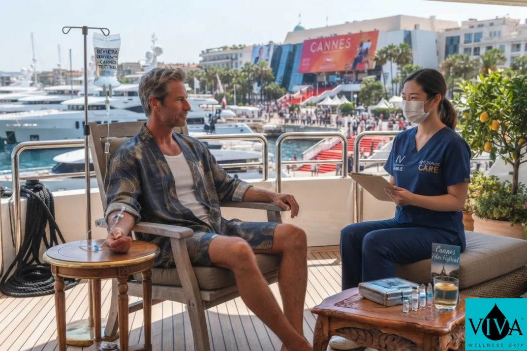 A concierge IV hydration session set up on a yacht deck in Vieux Port during festival season in Cannes