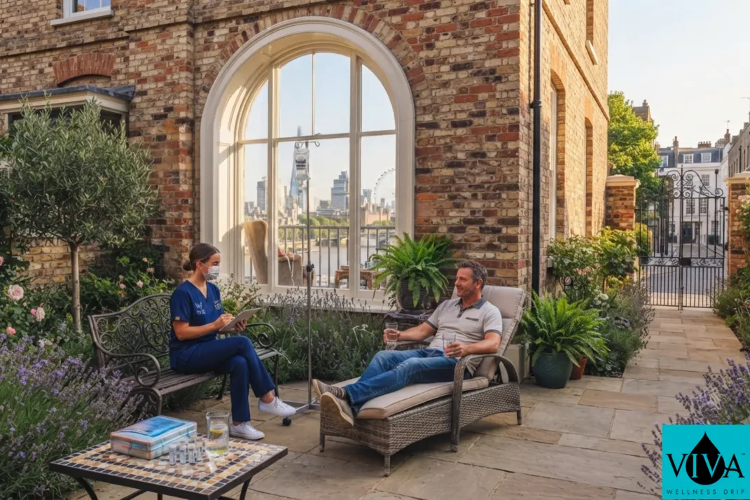 A concierge IV wellness session set up in a London home overlooking the city skyline