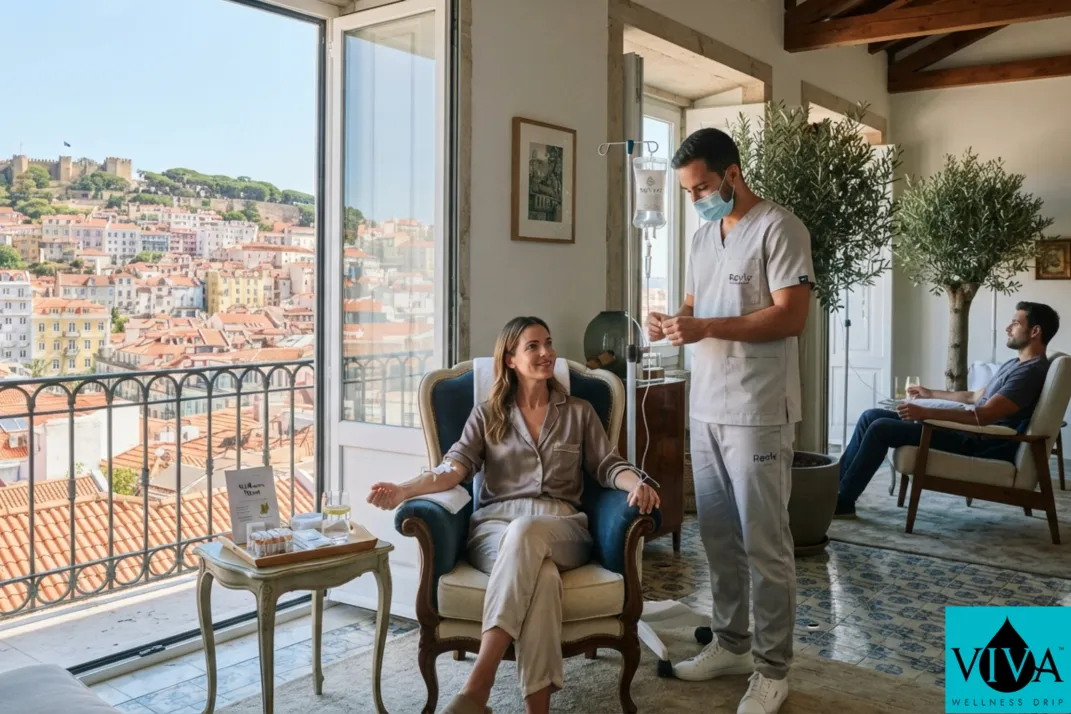 An IV wellness session set up in a Lisbon apartment overlooking the city's tiled rooftops and hills