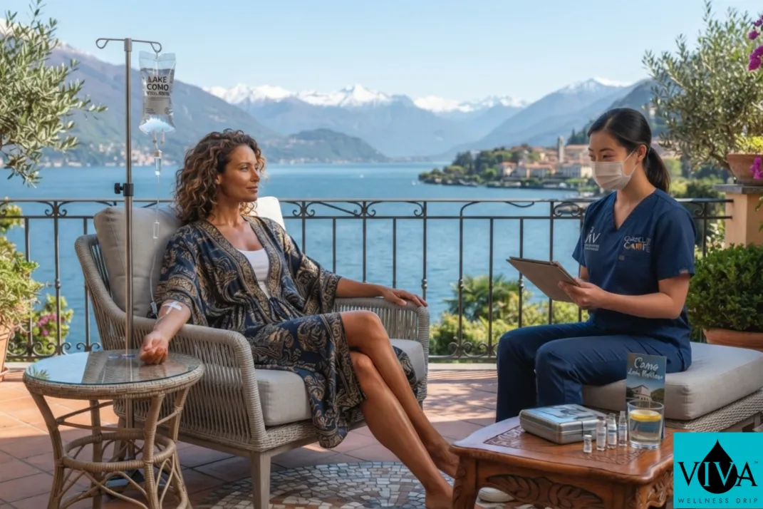 A luxury IV wellness infusion set up on a villa terrace overlooking Lake Como's water and mountains