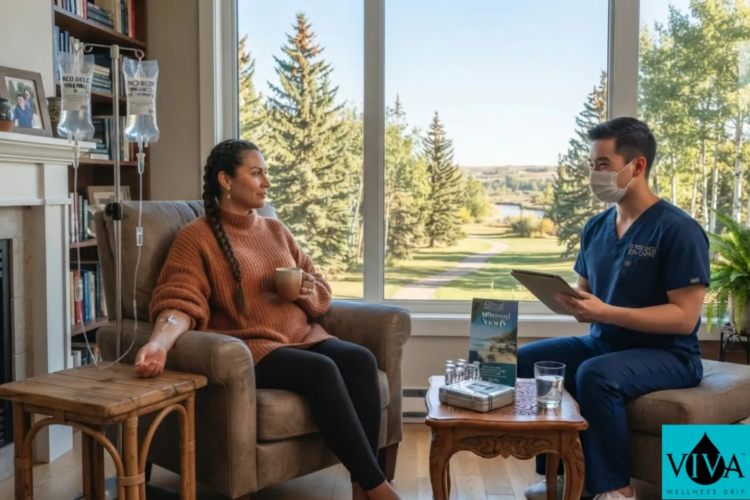 A mobile IV drip therapy session set up in a Red Deer home with a view of the surrounding parkland