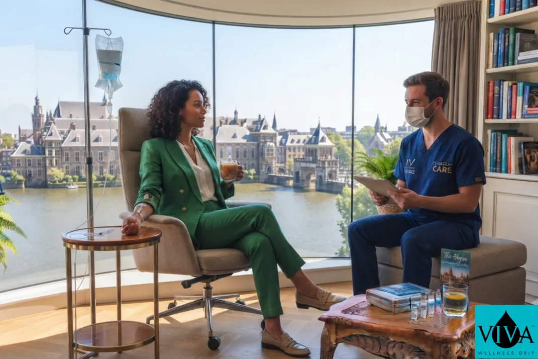 A mobile IV drip session set up in an office near the government quarter in The Hague