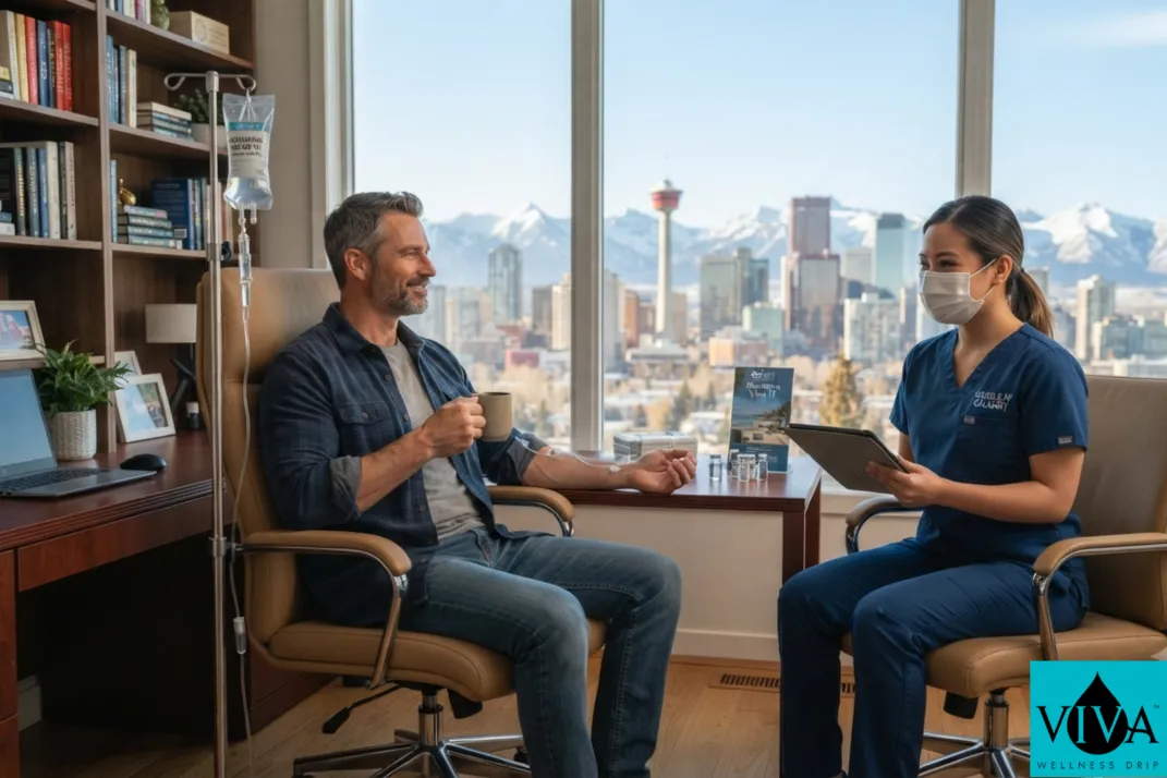 A mobile IV drip therapy session set up in a home office with a view of the Calgary skyline and the Rockies