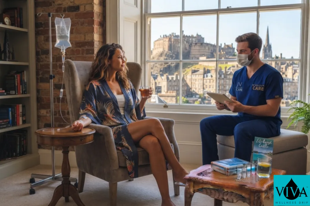 A mobile IV drip wellness session set up in an Edinburgh hotel room with a view of the Castle