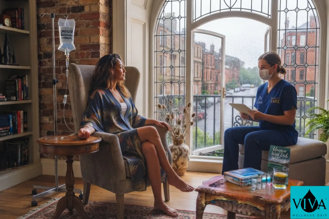 A mobile IV wellness session set up in a Glasgow West End flat with rain visible on the window