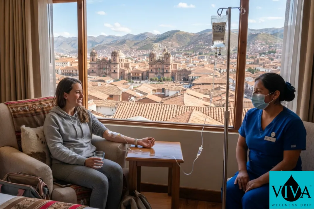 A mobile IV drip therapy session set up in a hotel room overlooking Cusco's terracotta rooftops and mountains