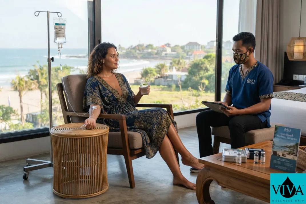 A mobile IV drip therapy session set up in a hotel room near Kuta Beach in Bali