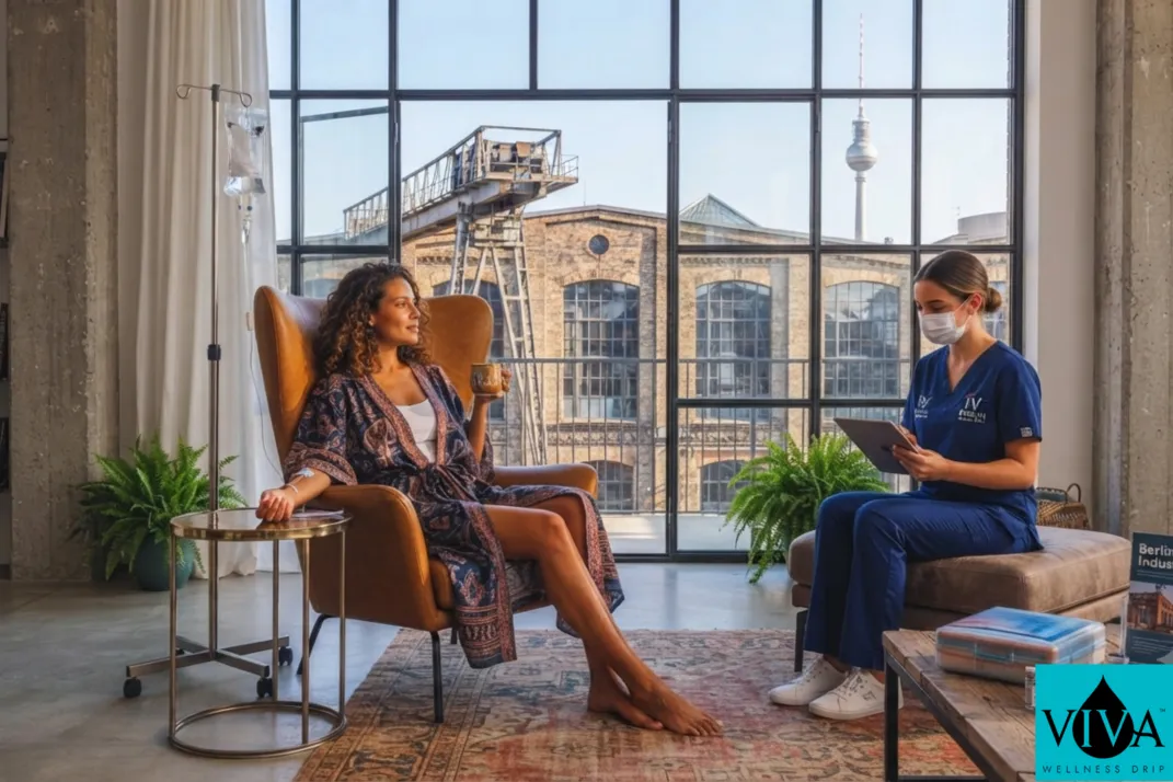 A mobile IV wellness session set up in a Berlin studio apartment with industrial architecture visible outside