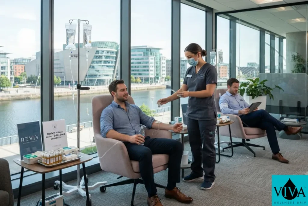 A mobile IV wellness session set up in a Dublin office near Grand Canal Dock