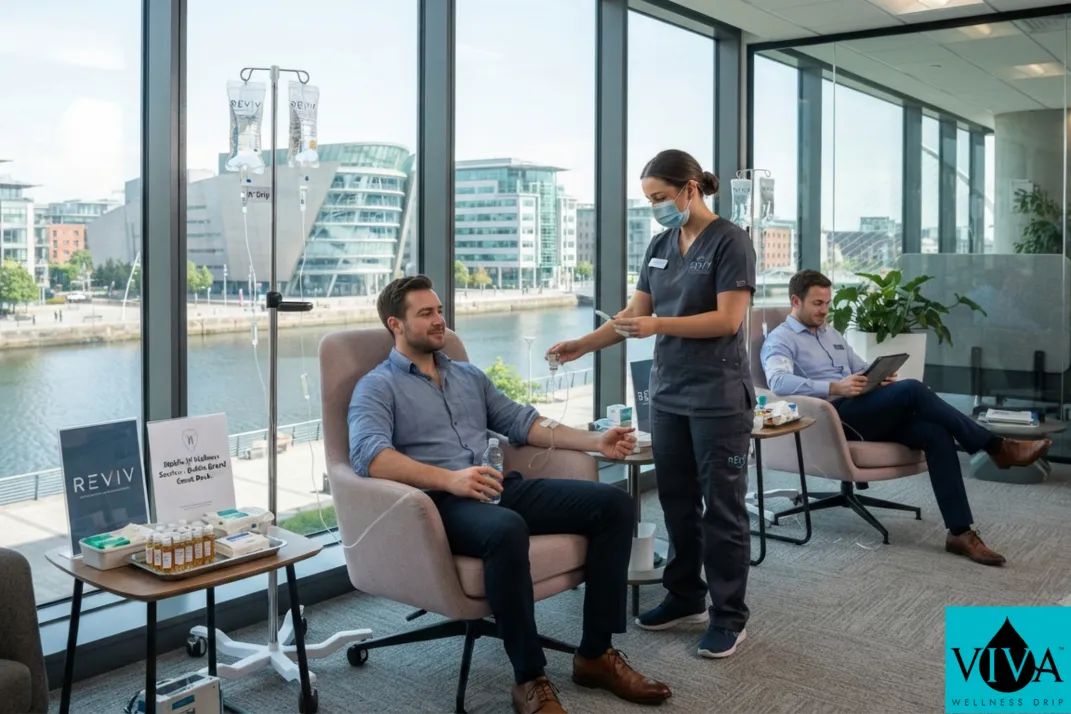 A mobile IV wellness session set up in a Dublin office near Grand Canal Dock