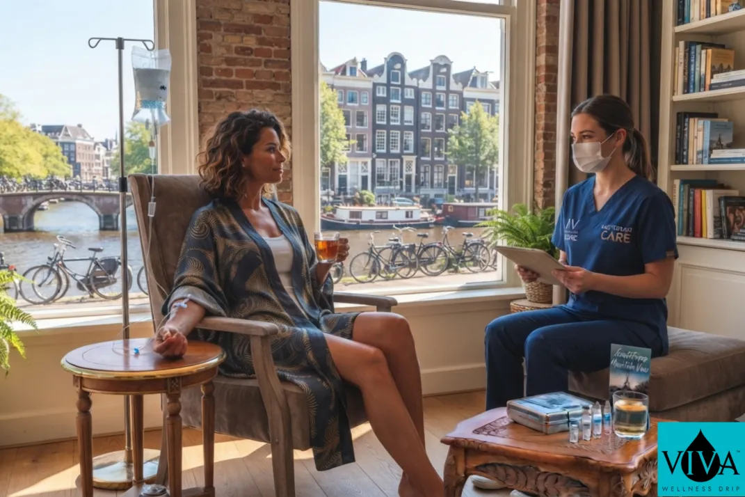 A mobile IV wellness session set up in an Amsterdam hotel room overlooking a canal