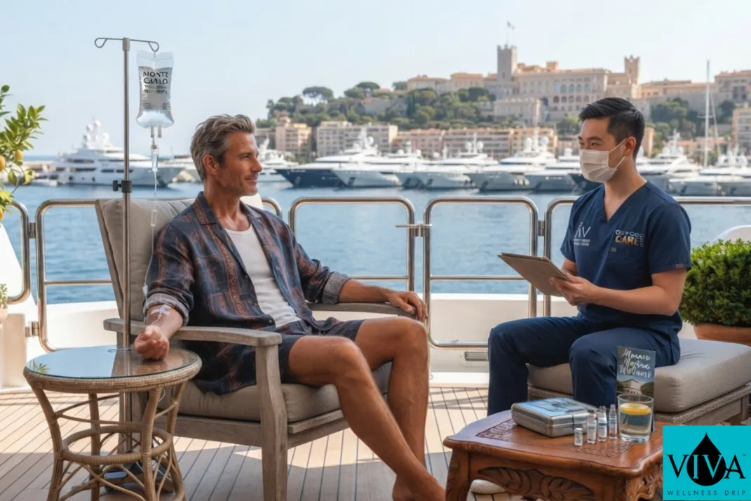 A premium IV wellness infusion set up on a yacht deck overlooking Port Hercule in Monte Carlo
