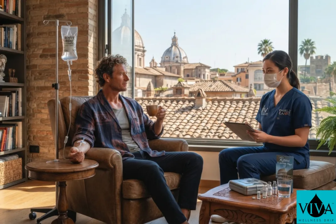 A mobile IV drip therapy session set up in a Rome apartment near a window overlooking terracotta rooftops