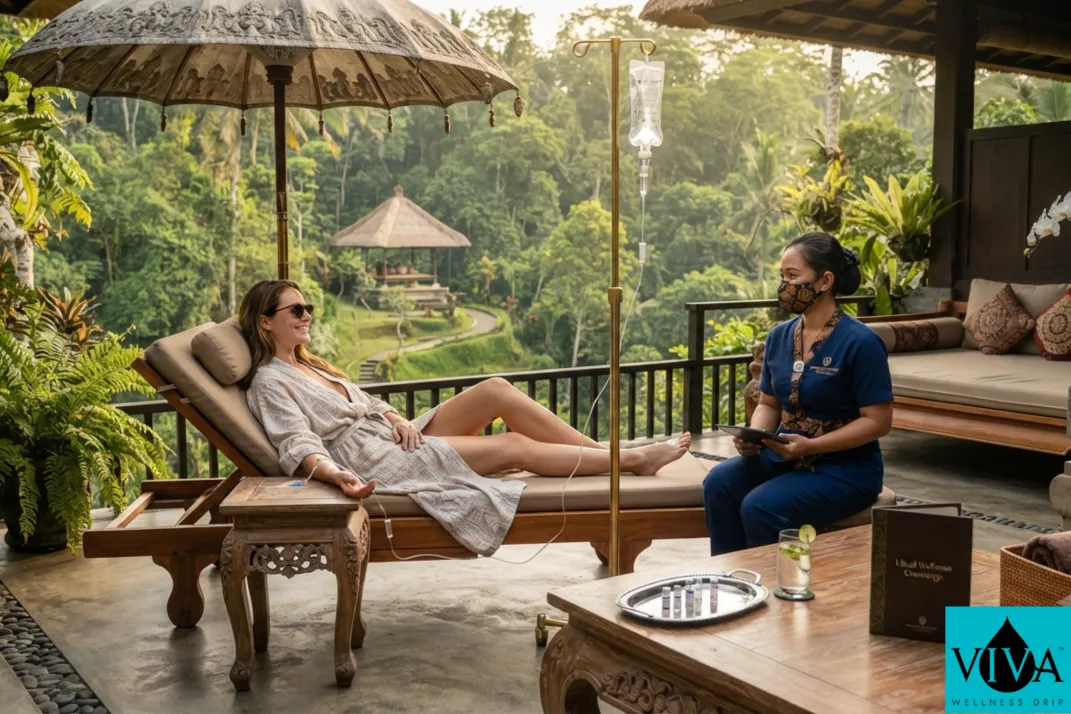 A mobile IV drip therapy session set up on the terrace of a jungle retreat villa in Ubud, Bali