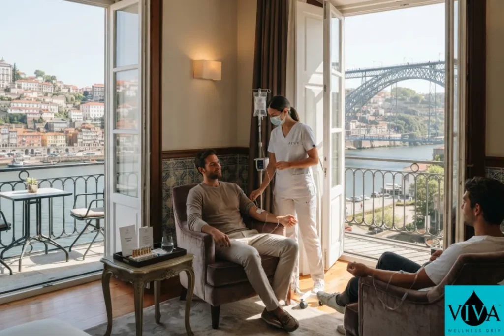 A mobile IV wellness session set up in a Porto hotel room overlooking the Douro River and Dom Luís I Bridge