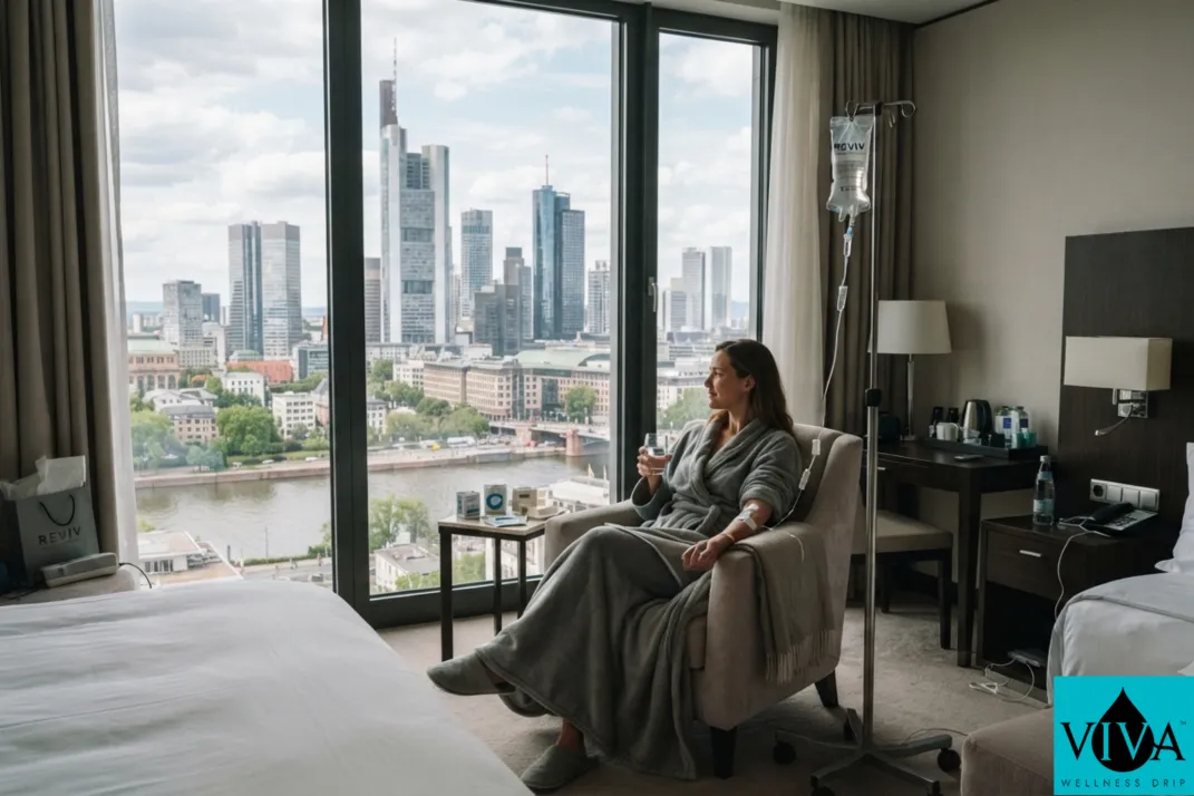 An IV recovery session set up in a Frankfurt hotel room with the financial district skyline visible