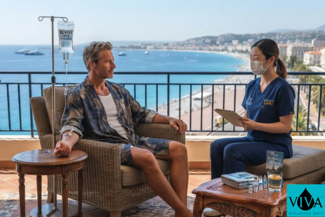 A mobile IV drip therapy session set up on a hotel terrace overlooking the Baie des Anges in Nice